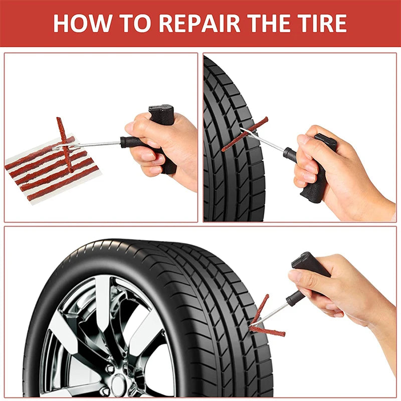 Car Tire Repair Tool Kit with Rubber Strips Tubeless Tyre Puncture Studding Plug Set Motorcycle Truck Vacuum Tire Repair Tool