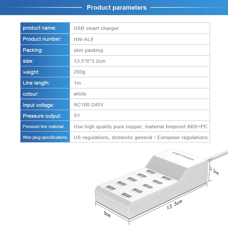 High Speed 10 Ports 5V USB Hub AC Charger Strip Adapter Portable USB Power Adapter for Home Office Travel Wall Charger EU Plug