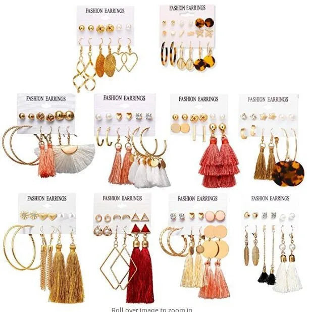 6Set Hot Selling Bohemian Style Moon Triangle Tassel Earring Set with Six Pairs of Retro Holiday Party Trendy Earrings for Women