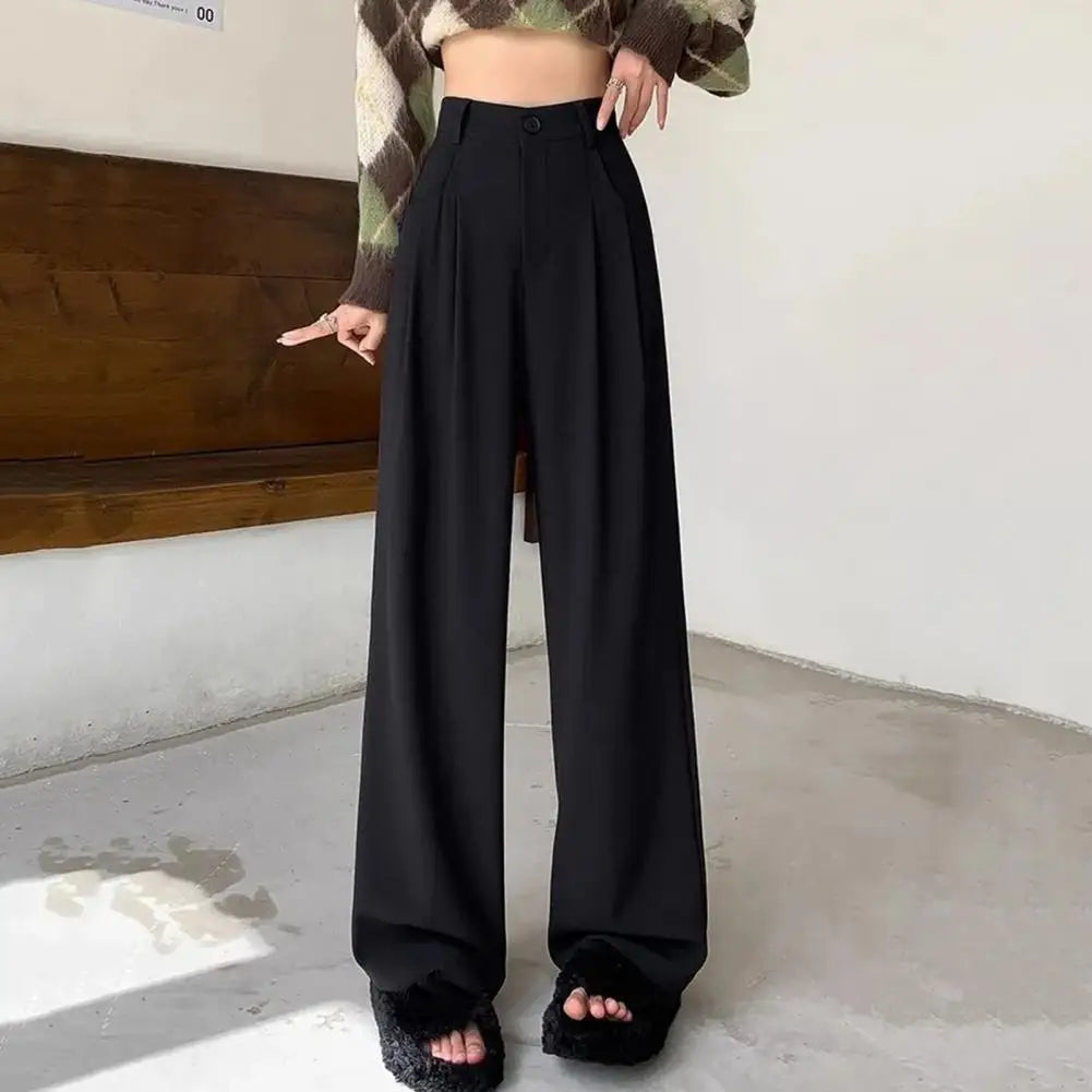 Women Pants Button Zipper Fly High Waist Office Lady Trousers With Pockets Solid Color Straight Wide Leg Versatile Suit Pants