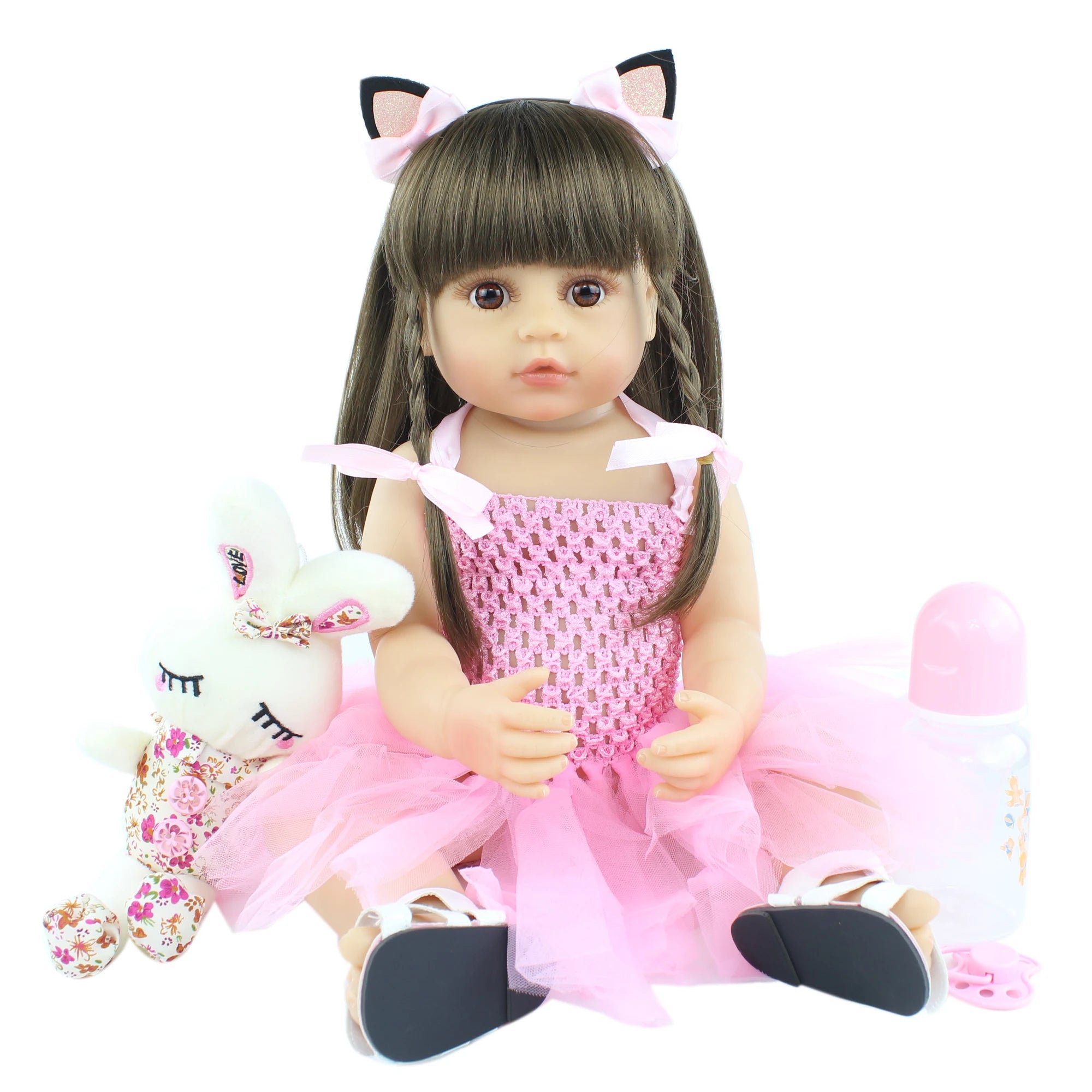 BZDOLL 55cm 22inch Lifelike Reborn Baby Girl Doll Soft Silicone Long Brown Hair Realistic Princess Toddler Bebe Birthday Gift