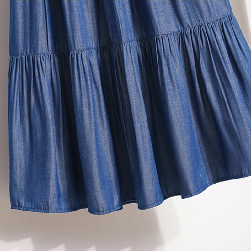 Women's Patchwork Denim Color Spliced A-line Skirt Tencel Big Swing Long Thin Skirt