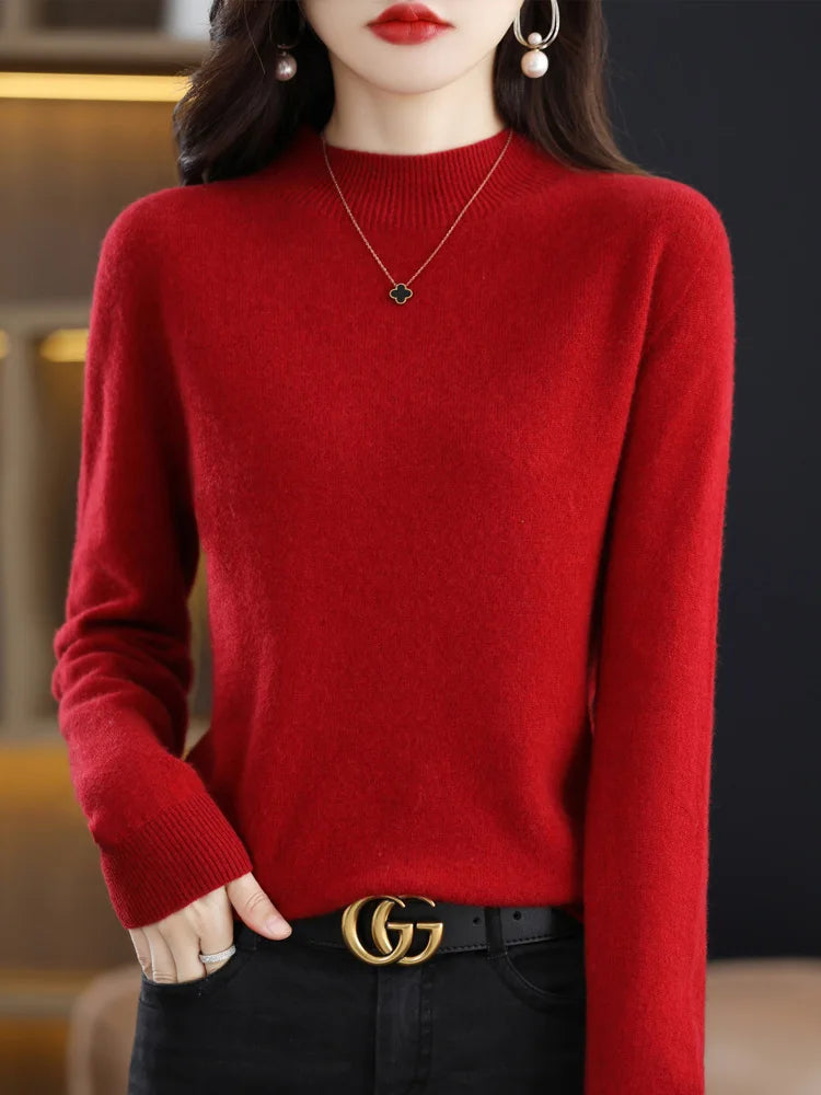 AOSSVIAO 2024 Autumn Winter Solid Mock-neck Pullover Sweater For Women Casual Knitwear Female Clothing Basic Soft Tops