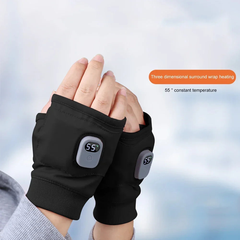 Rechargeable Heated Gloves 360 Degree Thermal Heated Gloves Winter Windproof Warm Fingerless Gloves for Outdoor Hiking Cycling