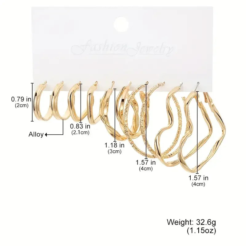 16 Pairs Set Of Hoop Earrings Twisted Love Heart Geometric Square Design Jewelry Elegant Simple Style Big Set Gift For Women New