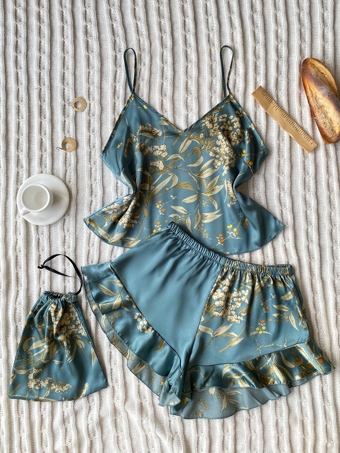 Elegant Floral Print Cami Tops   Ruffle Hem Shorts Pajama Set  Women's Sleepwear   Loungewear