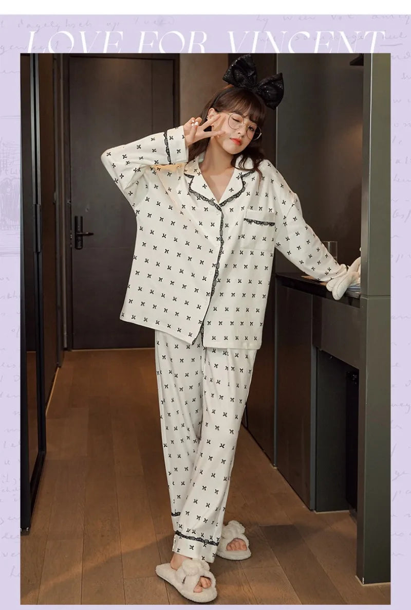 Women's Sweet Ruffle Pajamas Set Long Sleeve Top And Long Pants Sleepwear 2 Piece Set For Women Korean Casual Home Loose Pajamas