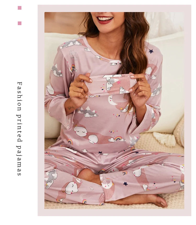 Autumn women's printed pure cotton sleepwear set with round neck long sleeved pants casual  comfortable two piece home suit set