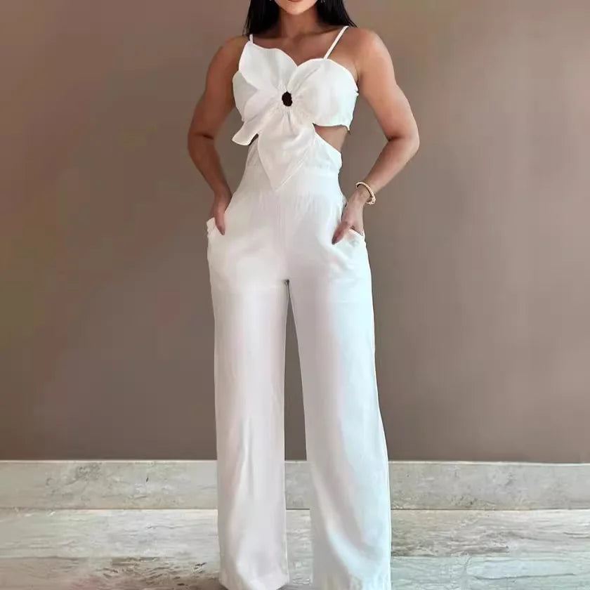 Women Spring Summer Onepiece Trousers Jumpsuits Solid Color Sleeveless Hollow Out Wide Leg Pants Casual Fashion Regular Backless