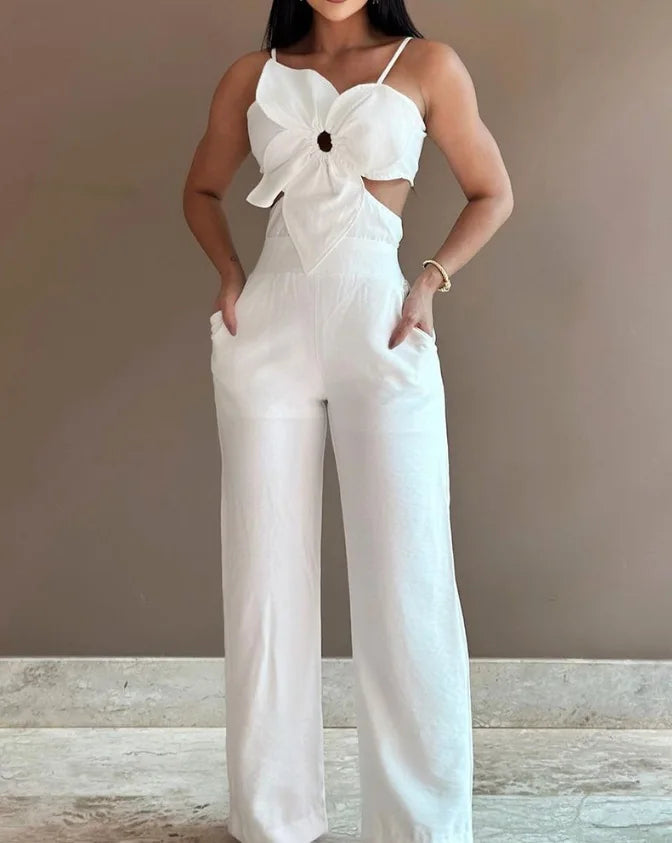 Women Spring Summer Onepiece Trousers Jumpsuits Solid Color Sleeveless Hollow Out Wide Leg Pants Casual Fashion Regular Backless