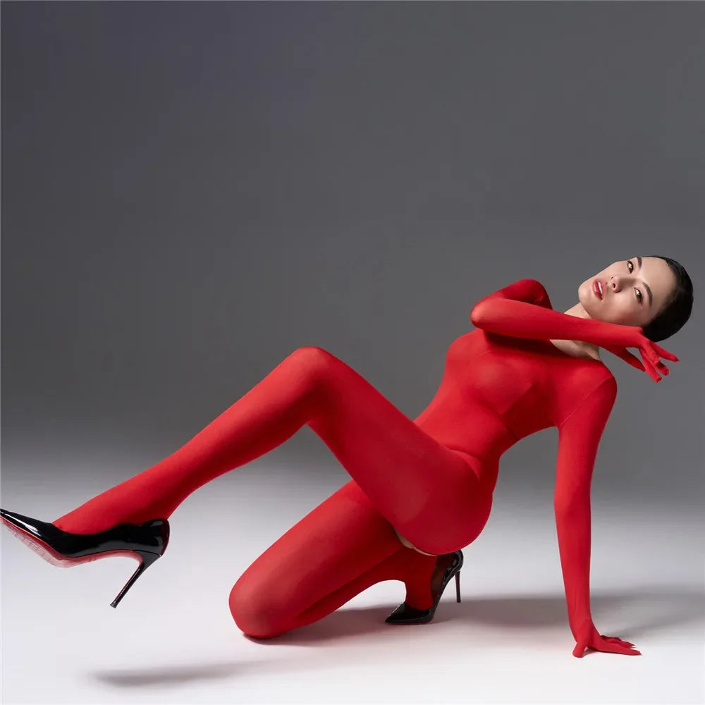 Women's Jumpsuit With Hooded High Elastic Unitard Oil  Shiny Glossy Sexy Bodysuit Five Finger Gloves Tights Skinny Shaper Wear