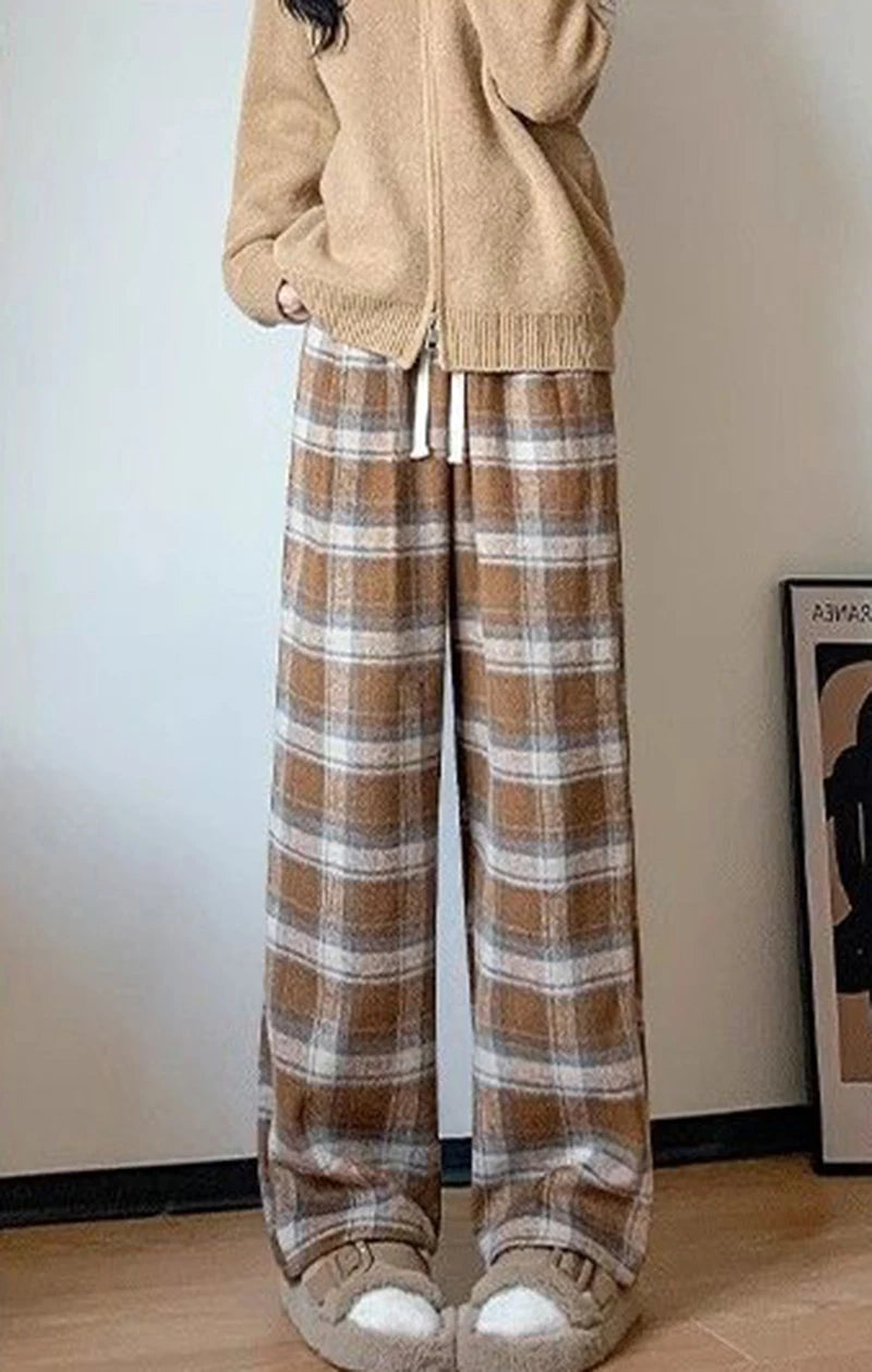 Vintage Plaid Padded Thick Pants Women Fall Winter Warm High-Waisted Casual Straight Wide-Legged Pants Hip-Hop Y2K Trousers