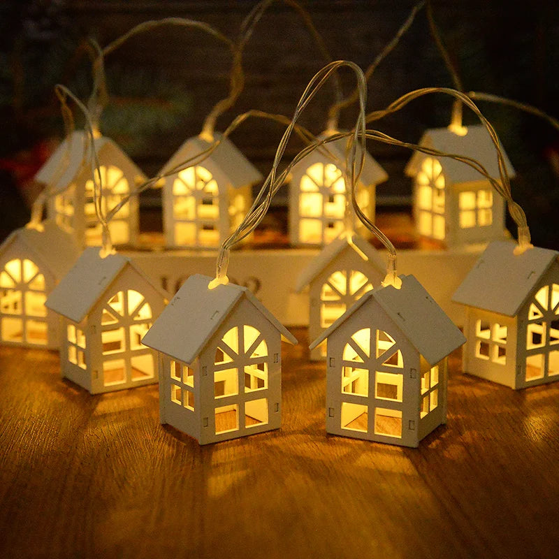 2M 10LED Christmas Wooden House LED Fairy Light String 2025 New Year Home Hanging Garland Xmas Tree Ornaments Decoration Lamp