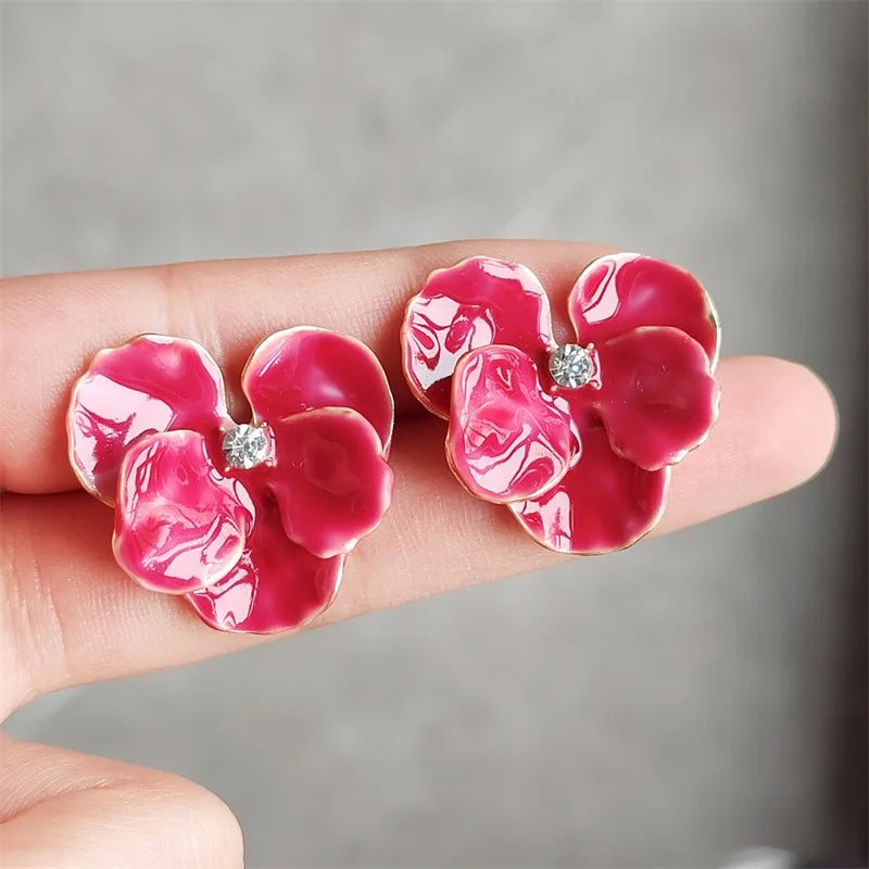 LATS Red Blue Enamel Flower Stud Earrings for Women Korean Fashion Five Petals Crystal Flowered Lovely Cute Girls Ear Decoration