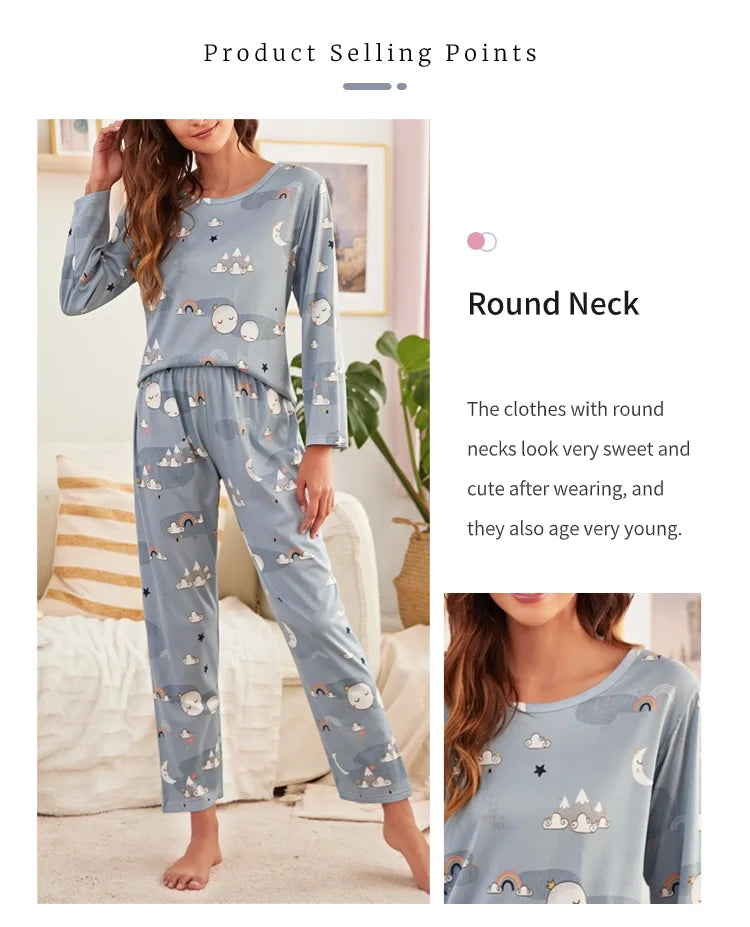 Autumn women's printed pure cotton sleepwear set with round neck long sleeved pants casual  comfortable two piece home suit set