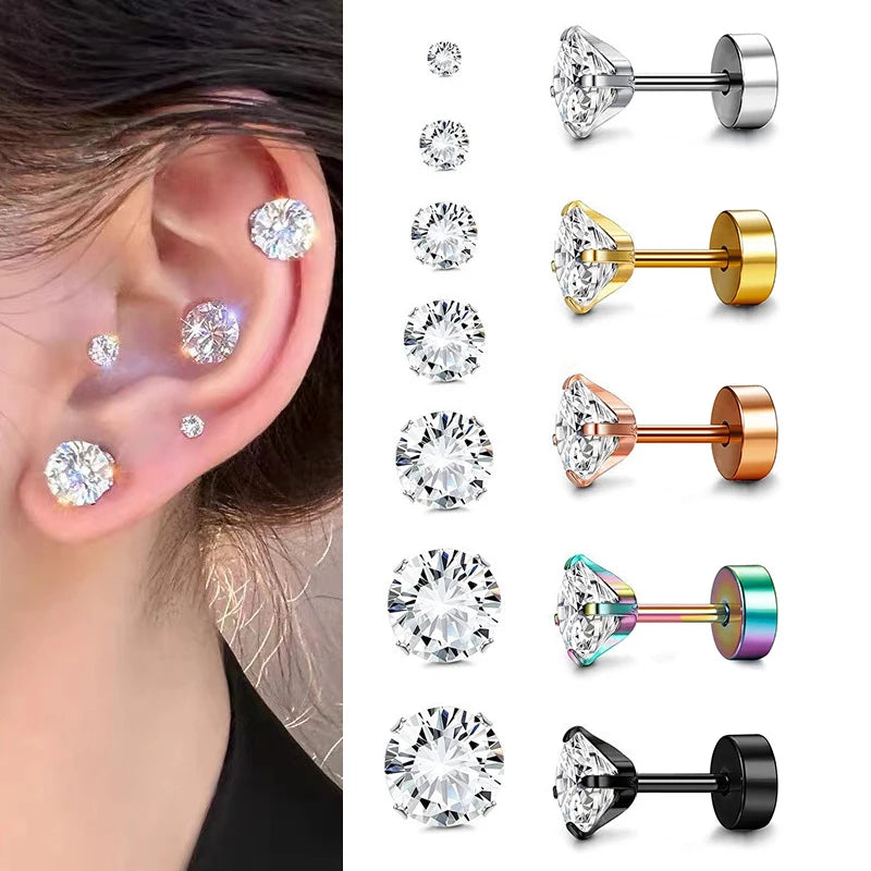 1Pair Stainless Steel Tragus Stud Earrings for Women Men Round Cubic Zirconia Flat Back Screw Back Ear Piercing 3-8MM Jewelry