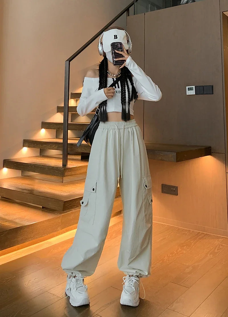 Y2K Cargo Pants Women Harajuku Oversized Sweatpants Black Pockets Wide Leg Joggers Streetwear High Waist Baggy Sports Trousers