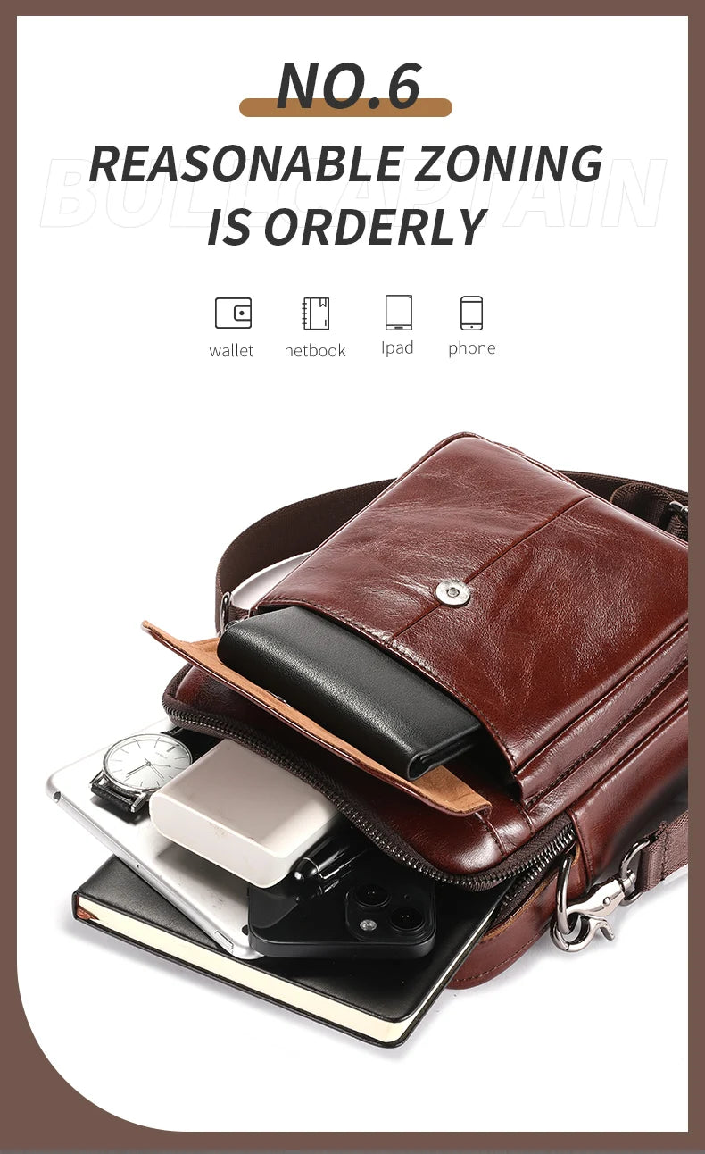 BULLCAPTAIN Men's Genuine Leather Shoulder Bag Multifunctional 7.9-inch Tablet Handbag Retro Casual Crossbody Bag Cowhide