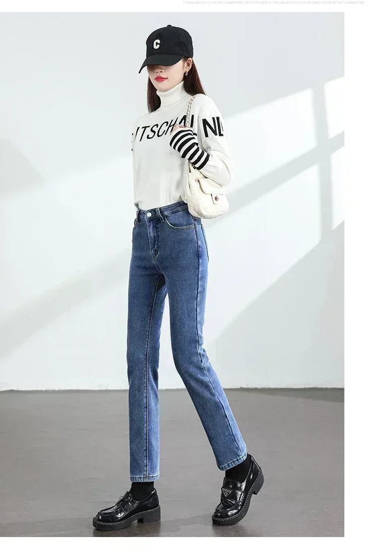 ZOENOVA Women's Winter Fleece Warm Jeans Retro Slim Straight Elastic Cotton Thickened Warm Denim Pants Fashion Female Clothing