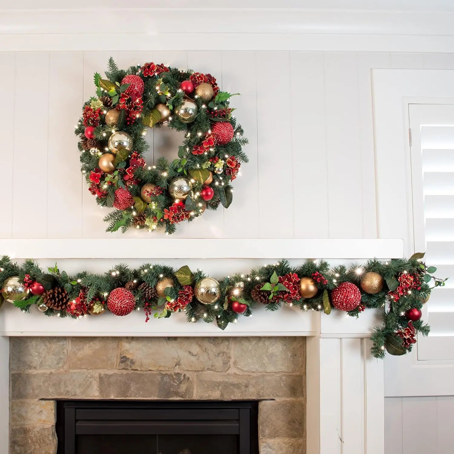 [9 Foot Artificial Christmas Garland]-Scarlet Hydrangea Collection-Red and Gold Decoration -Pre Lit with 100 Warm Clear Colored