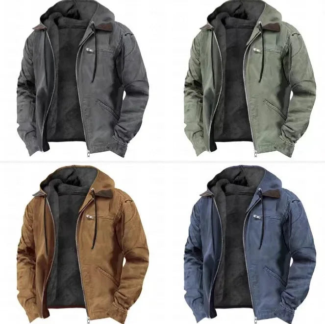 Winter New Men Casual Jackets Hooded Zipper Pocket Fashion Solid Color Fleece Warm Outerwear Male Outdoor Hooded Hoodie Coats