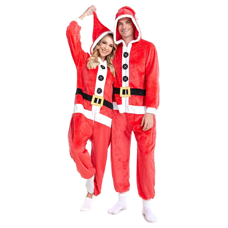 Women s Christmas Costume Mrs Claus Velvet Long Sleeve Hooded Belt Printed Zipper Full-Length Jumpsuit with Faux Fur Trim