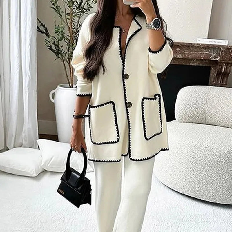 Autumn Suit Shirt And Blouses Cardigan Top Straight Long Pant Luxury 2-Piece Set Casual Elegant Women Fashion All-Match Clothes