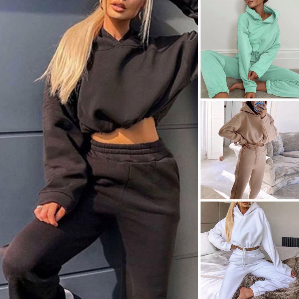 Women Hoodie Pants Set Sexy Cropped Hoodie Trousers Sports 2 Pieces Set Casual Sweatshirt Jogger Pants Set Sweatpants Outfit