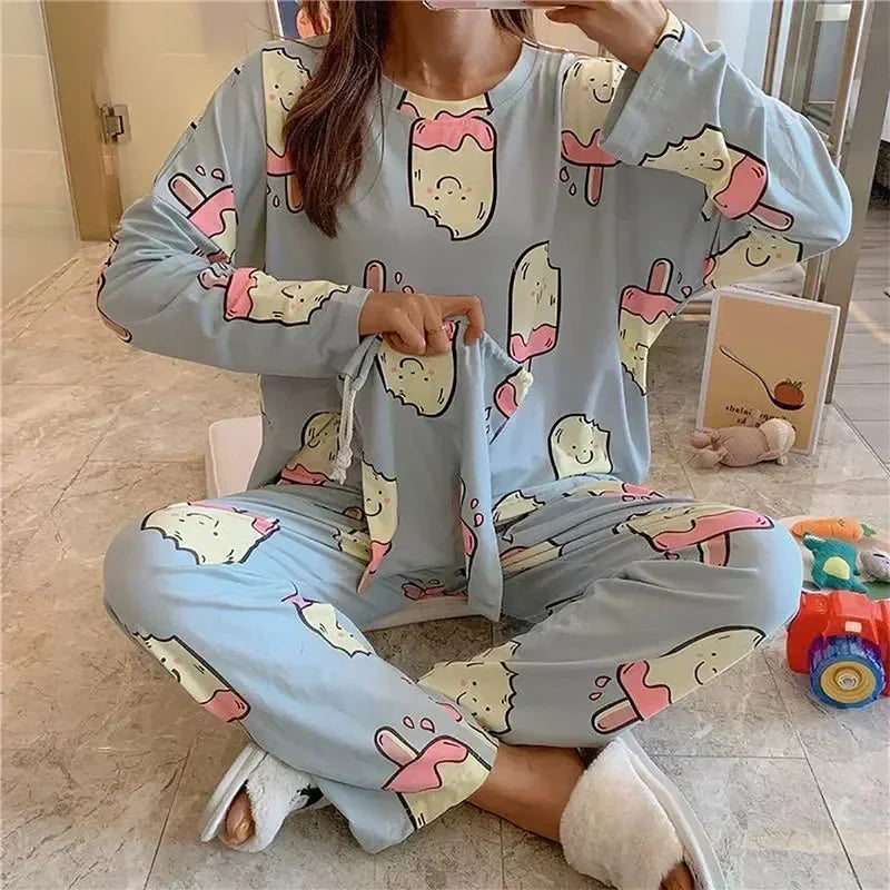 Set Cute New Cartoon Sets Cow Spring 2023 Sleeve Print Long Two-pieces Underwear Sleepwear Pajama Women