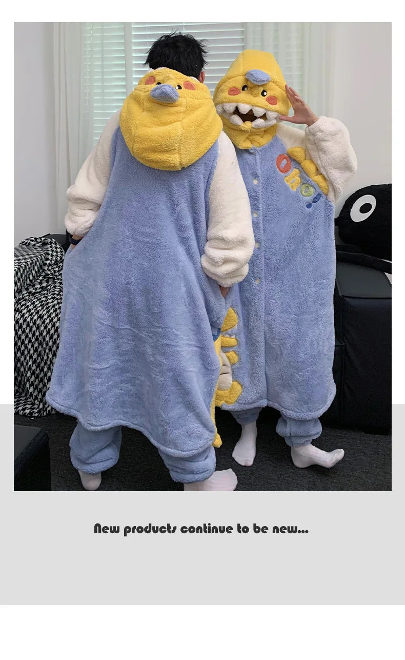 Cute Cartoon Panda Couple Pajamas For Men And Women Sleepwear In Winter Plush Thick Warm Bathrobe With Trousers Men Robes Sets