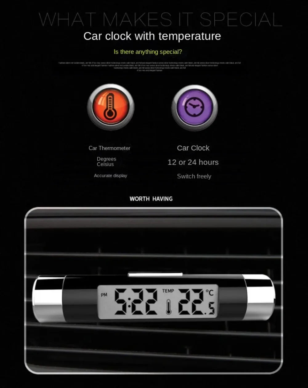 Car Air Outlet Thermometer Electronic Clock Time Led Digital Display Thermometer with Back Luminous Car Supplies Clock for Car