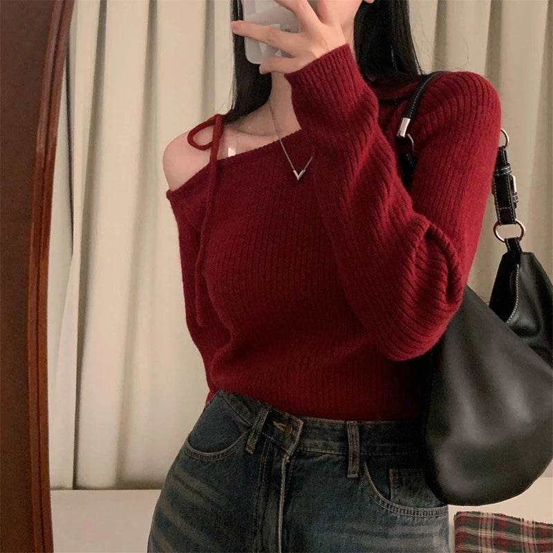 Fall Niche Temperament Irregular Slant Neck Off Shoulder Tie Bowknot Pullover Korean-Chic Long Sleeve Knitted Sweater