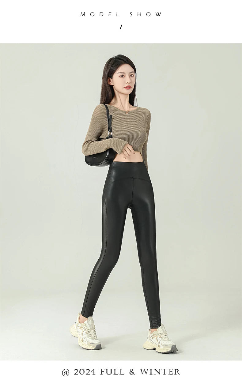 BIVIGAOS 2024 Fall Winter High-Grade Fleece PU Leather Leggings Women High Waist Hip Lift Tight Sexy Faux Leather Warm Leggings