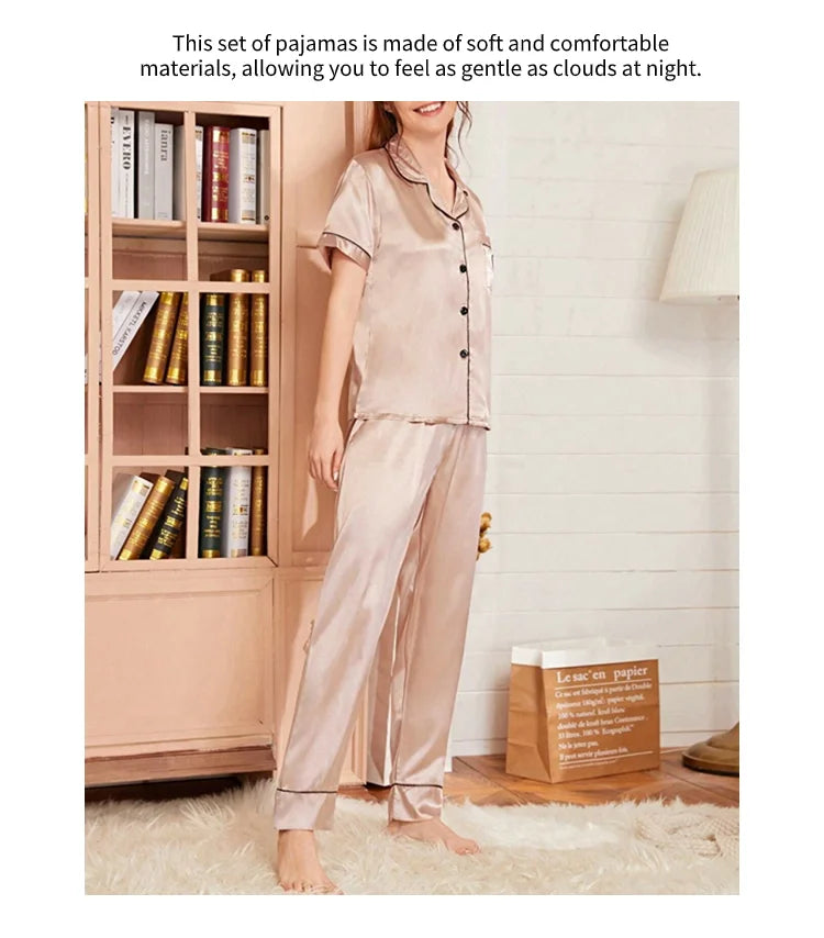 Women's Pajama Pocket Heart Embroidered Pajama Set Satin Comfortable Short Sleeve Button Pajama Lounge Pant For Women Sleepwear