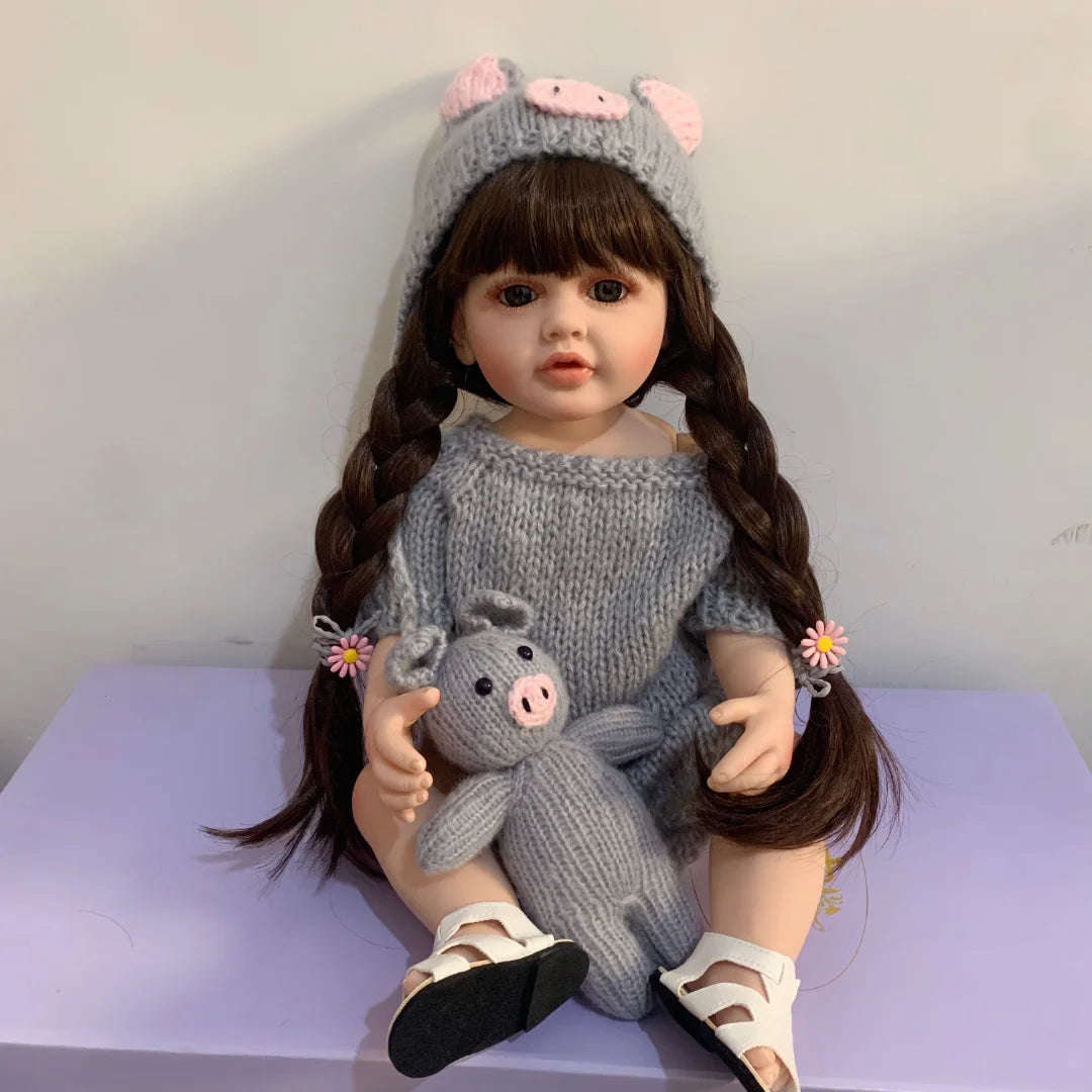 BZDOLL 55cm 22inch Lifelike Reborn Baby Girl Doll Soft Silicone Long Brown Hair Realistic Princess Toddler Bebe Birthday Gift