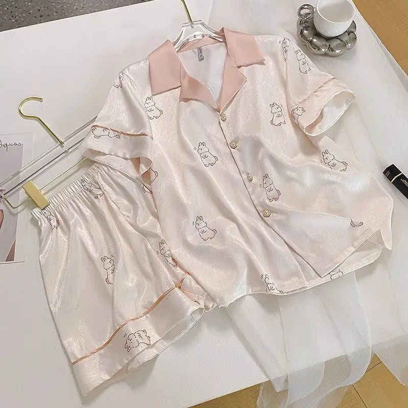 Women's Pajamas Set Satin Sleepwear Button Down Tops and Shorts Pajama 2 Piece Suit Pyjama Femme Nightwear Loungewear for Summer