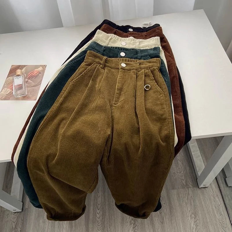 Retro High Waist Corduroy Pants Women Spring Fall Straight Causal Full Length Trousers Korean Fashion Baggy All Match Black Pant