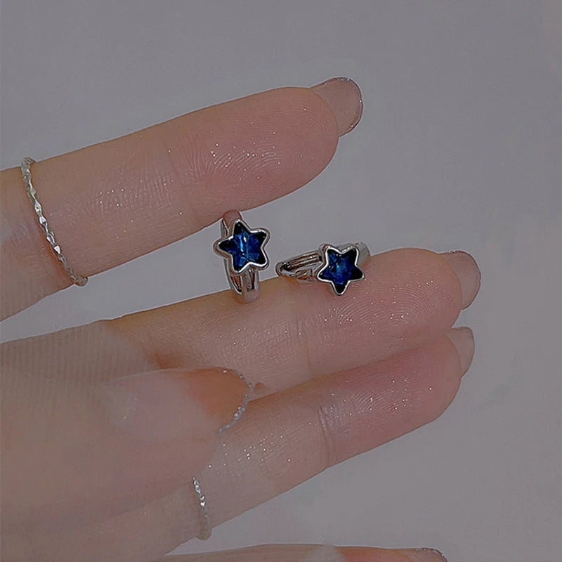 Sweet Cool Harajuku Blue Rhinestone Star Pentagram Hoop Earrings Exquisite Hot Girls Star Ear Rings for Women Korean Jewelry