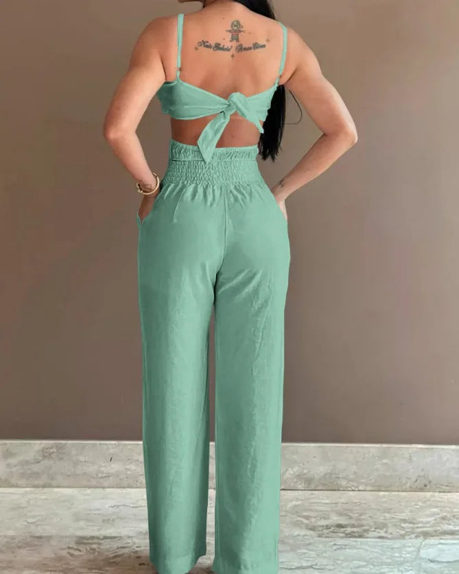 Women Spring Summer Onepiece Trousers Jumpsuits Solid Color Sleeveless Hollow Out Wide Leg Pants Casual Fashion Regular Backless