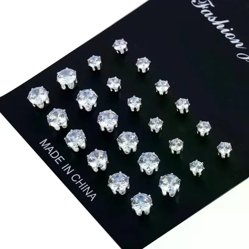 12 Pairs/Pack Shiny Zircon Stud Earrings Set for Women Men Daily Versatile Chic Silver Color Crystal Ear Jewelry Accessories