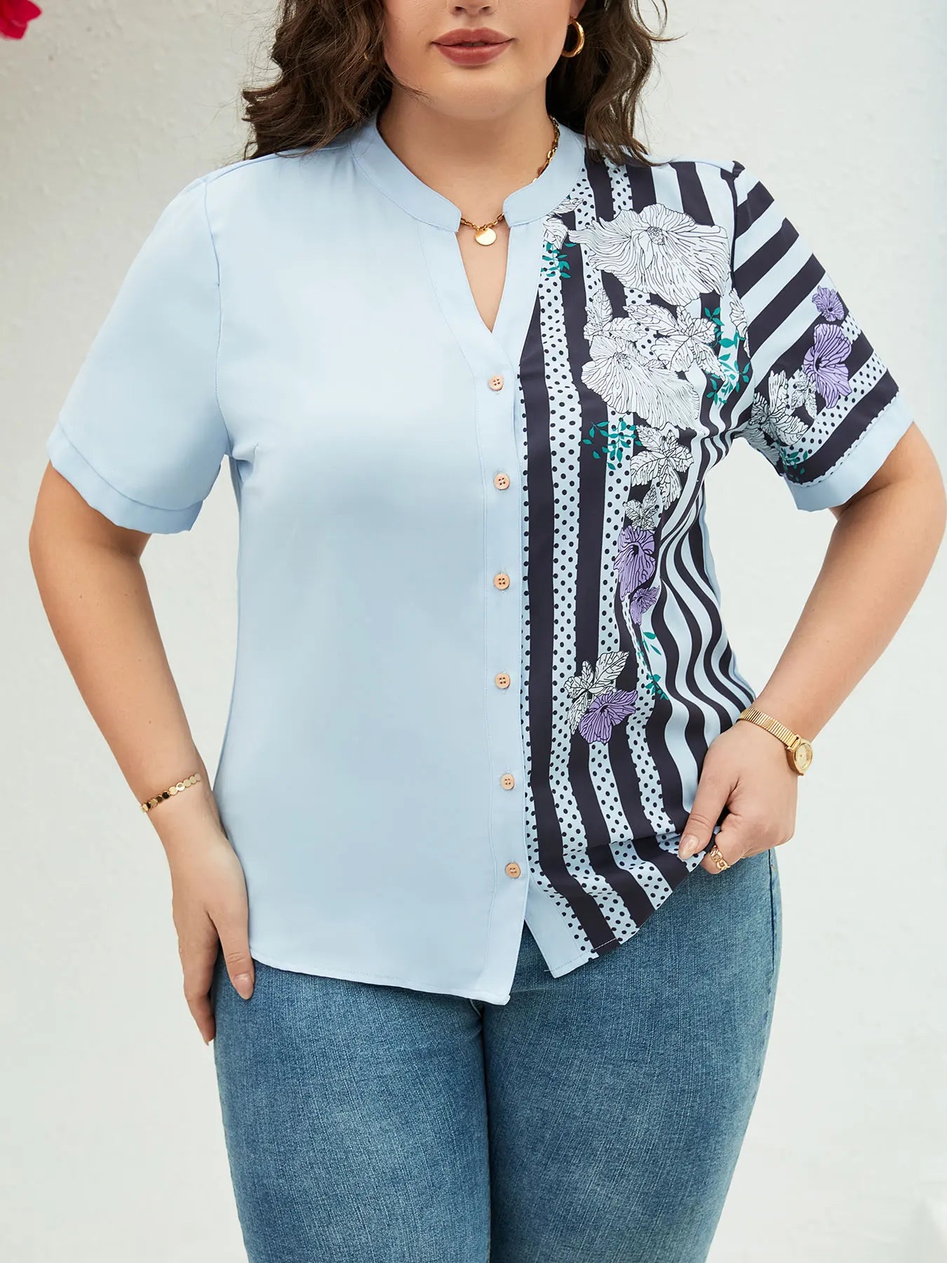 Plus Size Casual Blouse, Women's Plus Colorblock Floral & Stripe Print Short Sleeve Notched Neck Button Up Henley Blouse