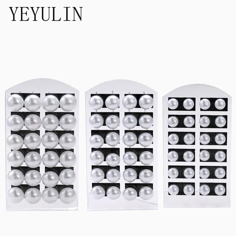 YEYULIN 12 pairs/set White Imitation Pearl Stud Earrings For Women Girls Ear Jewelry Round Ball 8mm 10mm 12mm