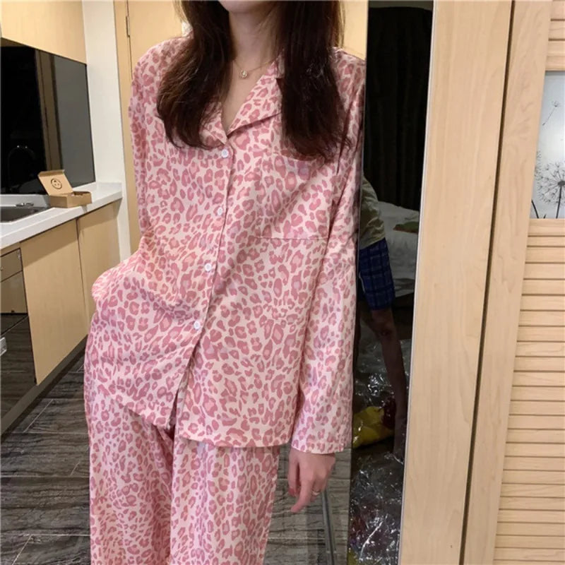 women's pajamas set cardigan printed long-sleeved trousers homewear two-piece blue strawberry pattern college students sleepwear