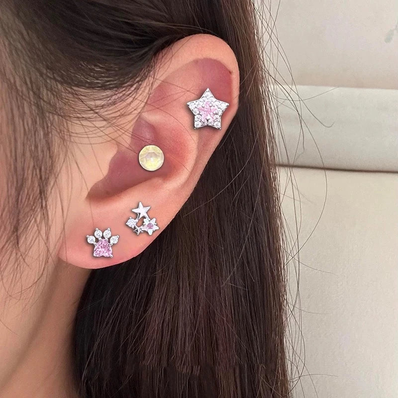 1PCS Cute Pink Zircon 316L Stainless Steel Ear Bone Nail New Fashion Y2K Punk Small Earring for Women Cochlea Jewelry Party Gift