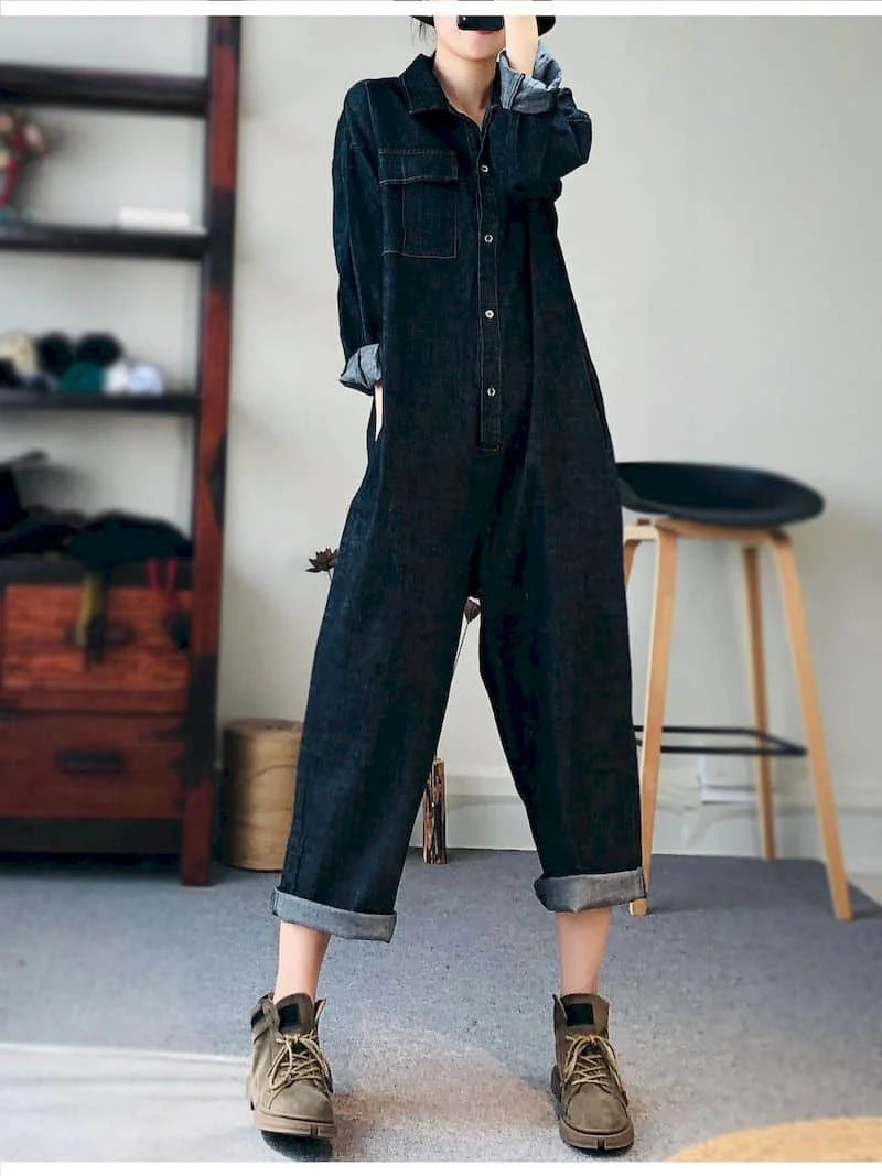 Oversized Denim Jumpsuit Suit Women Blue Denim Long Sleeve Playsuits High Waist New Fashion Tops Casual One Piece Outfit Women