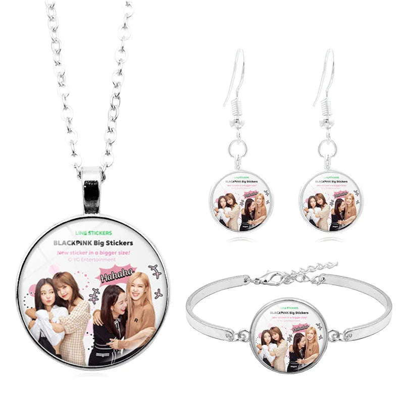 Korean Girls Group ROSE LISA JISOO JENNIE Trendy Fashion Kpop Jewelry Necklace Baracelet Earrings Set for Woman Girl Friend Gift