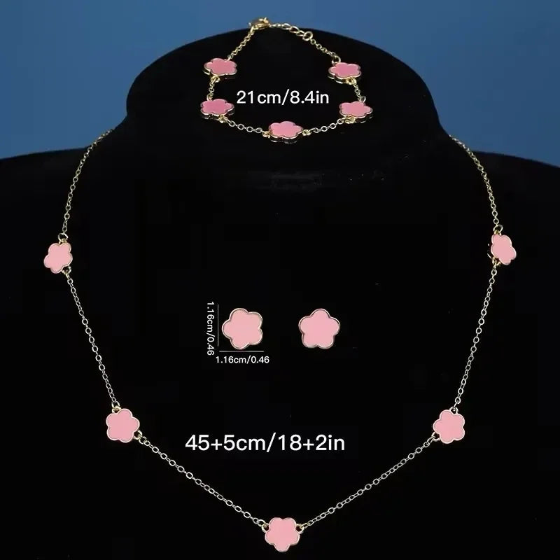 Lucky Five-petal Flower Clover Earrings Necklace Ring Bracelet Four-piece set for Woman Fashionable Accessories Party Jewelry