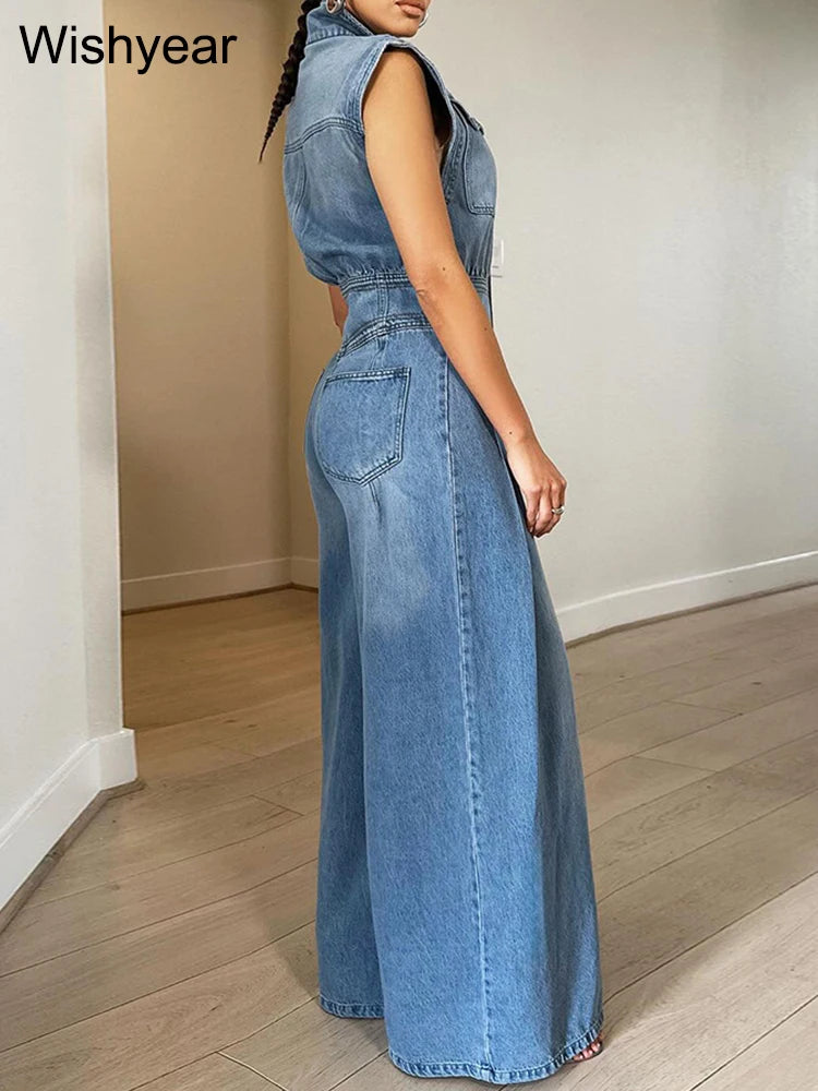 Vintage Loose Denim Wide Leg Pants Jumpsuit Women Pocket Sleeveless Single Breasted Baggy Jean One Piece Rompers Street Overalls