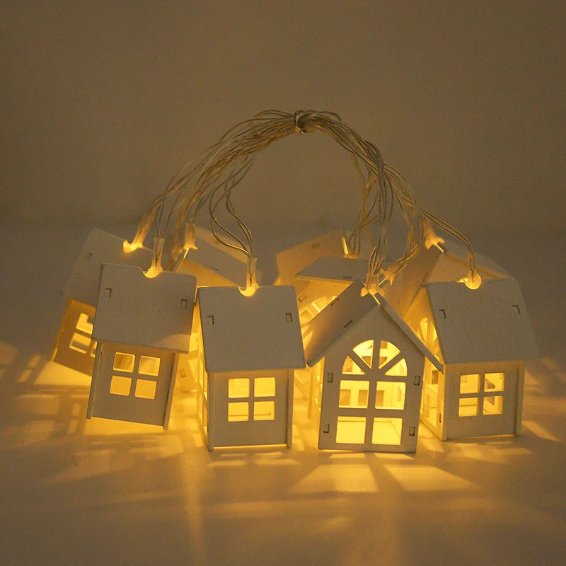 2M 10LED Christmas Wooden House LED Fairy Light String 2025 New Year Home Hanging Garland Xmas Tree Ornaments Decoration Lamp