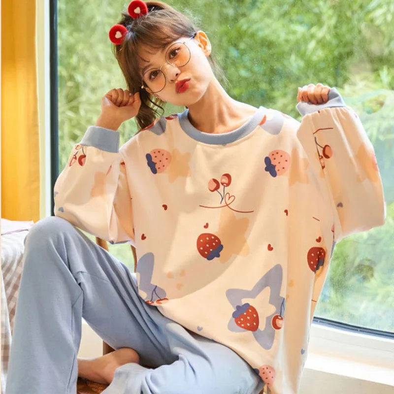 Women Sleepwear Korean Version Round Neck Top Long Trousers Homewear Two-Piece Set Striped Plaid Ladies Nightwear Loungewear